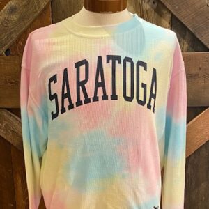 unisex corded crew sweatshirt- color rainbow- SARATOGA across chest in black