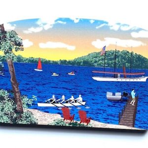 Cat's Meow- Saratoga Lake- rowers and boats on lake- box sign