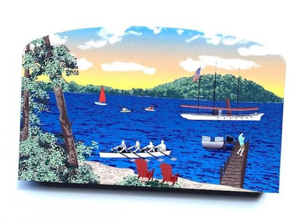 Cat's Meow- Saratoga Lake- rowers and boats on lake- box sign