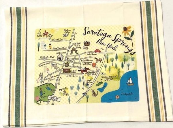 Tea towel- color linen- strips on ends-map of Saratoga Springs New York