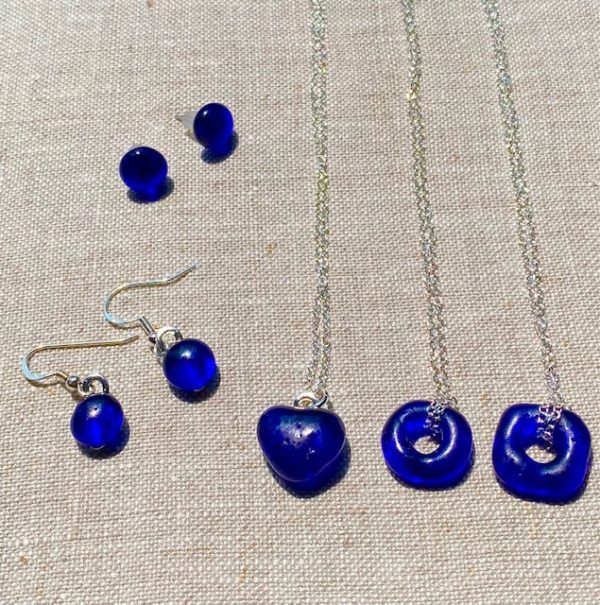 Blue Saratoga Bottle Glass earrings and necklaces