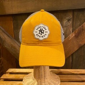 Dark Horse Badge Trucker Hat- Gold front- Gold visor- tan mesh back- Badge front- Saratoga Springs NY