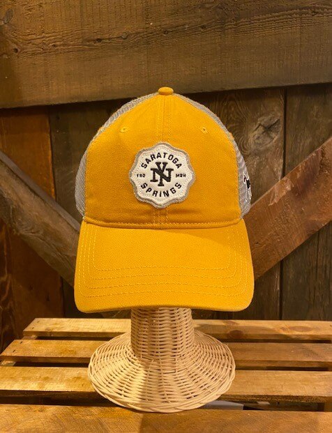Dark Horse Badge Trucker Hat- Gold front- Gold visor- tan mesh back- Badge front- Saratoga Springs NY