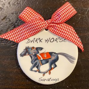 Dark Horse Porcelain Ornament. Red Gingham Ribbon- Racehorse- Dark Horse- Saratoga