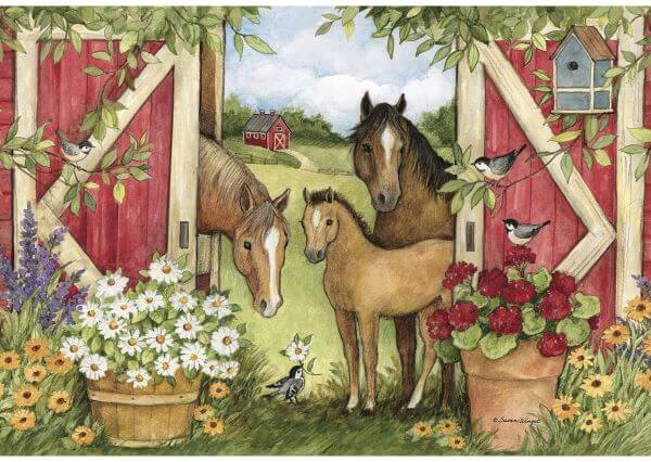 Heartland Barn Puzzle. 3 Horses in barn with flowers and birds