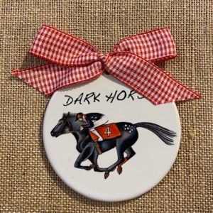 Dark Horse Porcelain Ornament. Red Gingham Ribbon- Racehorse- Dark Horse