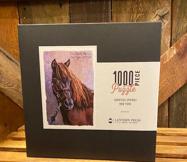 The Dark Horse Puzzle- Displayed in box- 1000 pieces- The Dark Horse- Saratoga Springs- Upset the horse