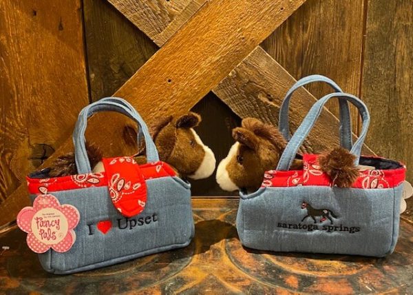 Plush horse- denim carrier/purse- I love Upset front- Saratoga Springs and horse on back