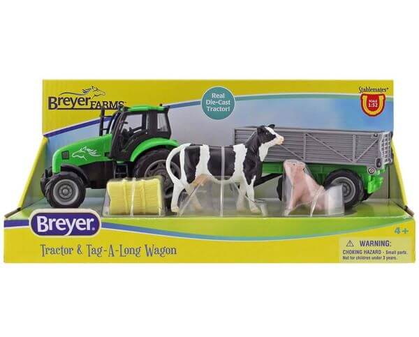 breyer-farms-tractor-and-tag-a-long-wagon. Cow-Pig-Bale of Hay included. Pictured in box