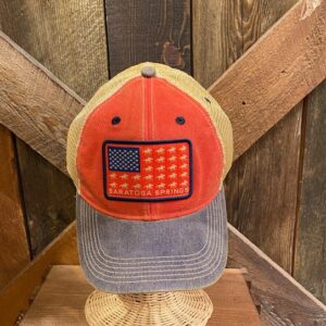 Trucker style hat with mesh back, front red with American flag of race horses and Saratoga Springs. Brim is weathered Navy.