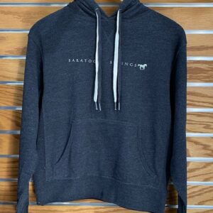 Terry Hooded sweatshirt with 2 string design on hood and Saratoga Springs w/horse across chest. Color is Charcoal Heather