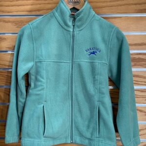 Youth full zip, color dill fleece. Saratoga and horse on left chest