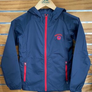 Youth windbreaker in navy with red trim. Saratoga on left chest