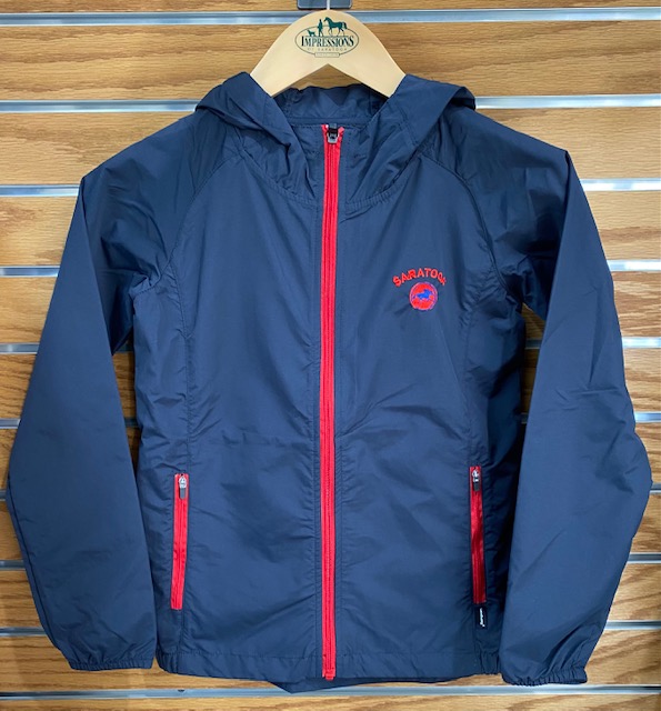 Youth windbreaker in navy with red trim. Saratoga on left chest
