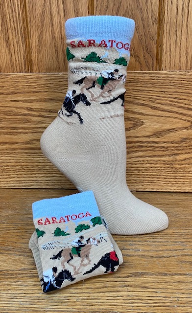 Unisex Saratoga Racing Socks in oatmeal with light blue top trim. Has racing horses on socks.