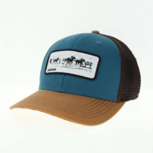 Dark Horse Trucker Cap- brown mesh back- snap closure- blue front- camel brim- patch on front- silhouette of 1919 Sanford Stakes- Saratoga -