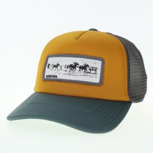 Dark Horse Trucker Cap- grey mesh back- snap closure- bronze front- pine brim- patch on front- silhouette of 1919 Sanford Stakes- Saratoga