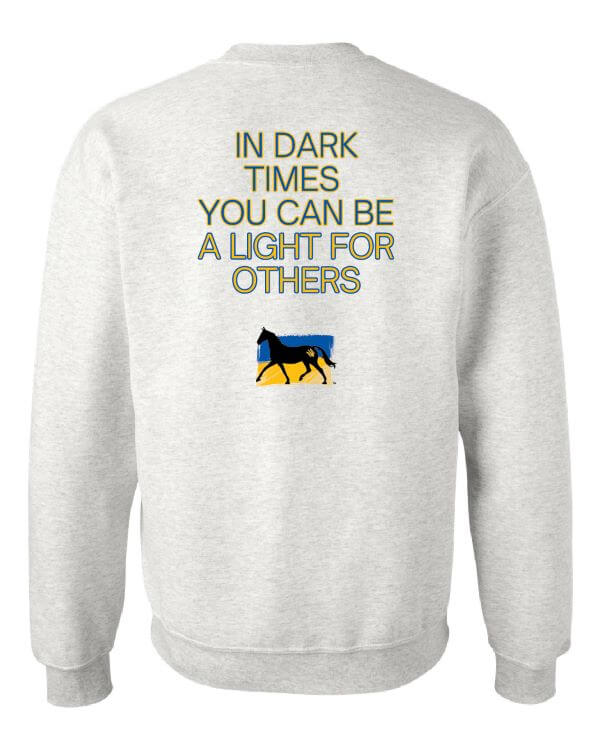 Crewneck sweat with "In dark times you can be a light for others" and horse with Ukraine Flag