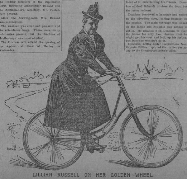 Vintage photo of Lillian Russell riding a bike