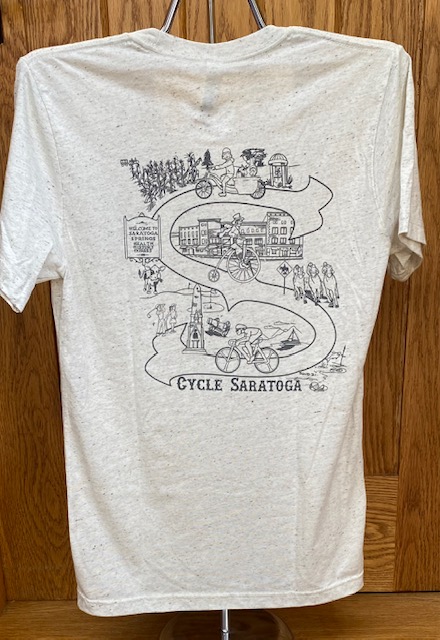 Color Oatmeal tee with Saratoga landmarks as a bike path. Back of shirt