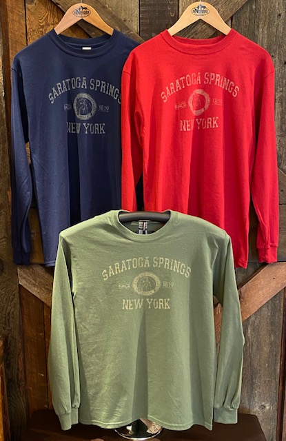 exclusive-long sleeve- tee shirt- front chest- Saratoga- crest with health, history, horses around horsehead-new york below- 3 colors-cardinal-military green-navy