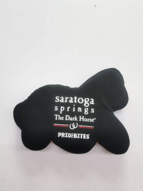 Pride Bites black horse shaped dog toy-says Saratoga Springs- The Dark Horse. Back view