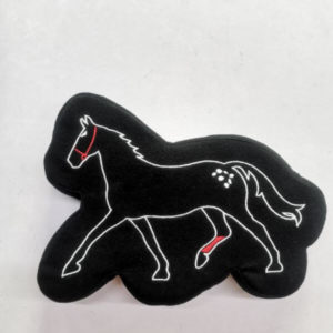 Pride Bites black horse shaped dog toy-features our mascot Upset on front