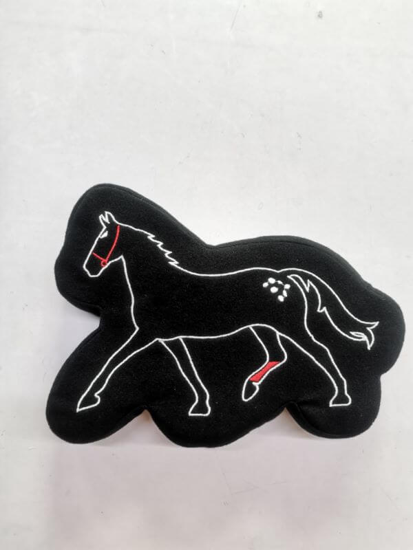 Pride Bites black horse shaped dog toy-features our mascot Upset on front