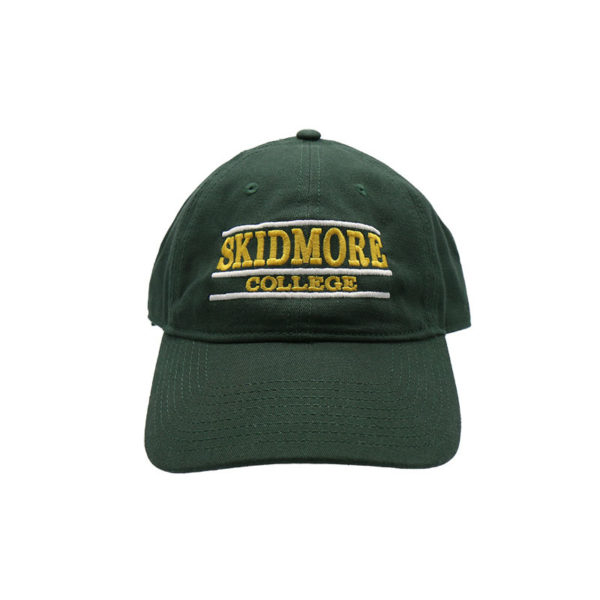 Cotton twill- Green baseball cap- Skidmore College in Gold letters- separated by white bars
