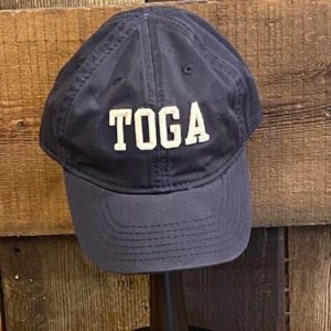 navy relaxed twill-toddler cap- curved visor- open back spandex strap closure- applique Toga in white