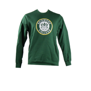 Green crewneck sweatshirt-Skidmore seal on chest in white and gold