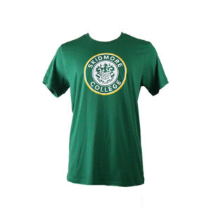 Green tee- features Skidmore College Seal on chest in white and gold.