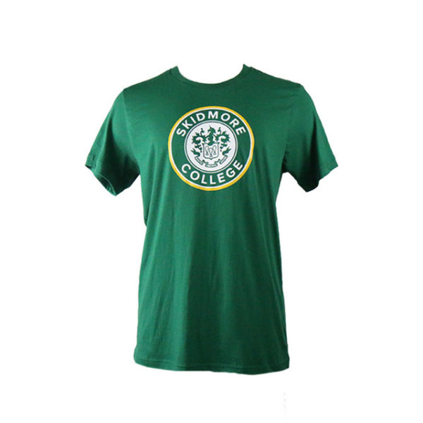 Green tee- features Skidmore College Seal on chest in white and gold.