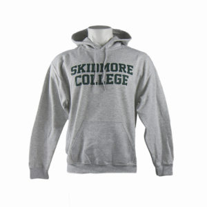 Grey Hooded Sweatshirt-Kangaroo pocket- SKIDMORE COLLEGE in bold green letters