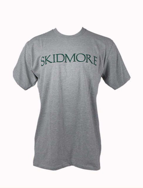 Basic grey t-shirt with Skidmore across chest in green