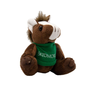 brown plush horse- green t-shirt- Skidmore in white letters across chest