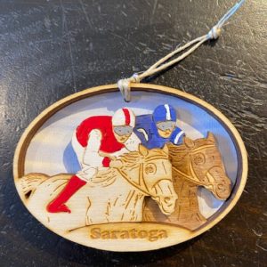 3d Wood Ornament- features 2 racehorse with jockeys- red and blue silks