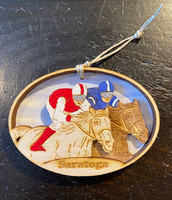 3d Wood Ornament- features 2 racehorse with jockeys- red and blue silks