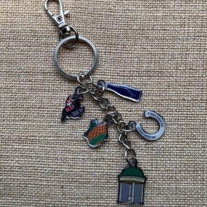 Charm Keychain with Saratoga Water Bottle, Racehorse with Jockey, Acorn, Lucky Horseshoe, Columbian Springs