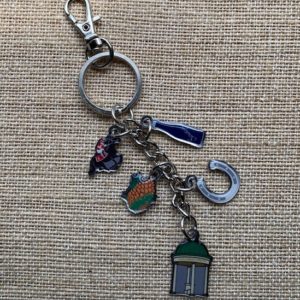 Charm Keychain with Saratoga Water Bottle, Racehorse with Jockey, Acorn, Lucky Horseshoe, Columbian Springs