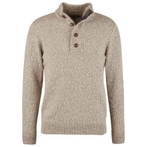 Barbour wool/cotton sweater 1/4 zip with brown buttons down zipper. Color is Stone Marble