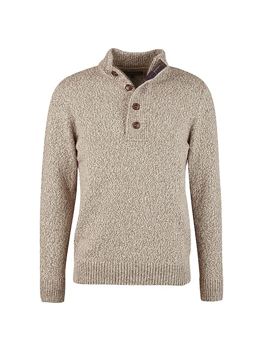 Barbour wool/cotton sweater 1/4 zip with brown buttons down zipper. Color is Stone Marble