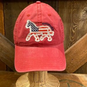 Red Baseball cap-a patch on front of a horse with American flag design-Saratoga over horse patch