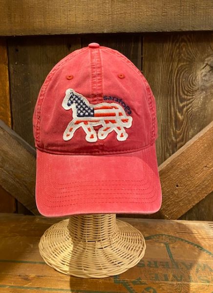 Red Baseball cap-a patch on front of a horse with American flag design-Saratoga over horse patch