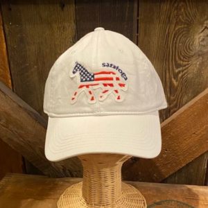 White Baseball cap-a patch on front of a horse with American flag design-Saratoga over horse patch