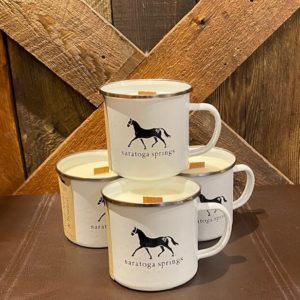 Tin mug-features our Dark Horse Logo- Words Saratoga Springs below