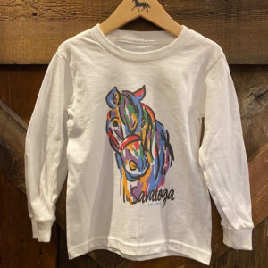 white youth tee- watercolor horse on front- saratoga- dark horse on front- horse is bright multi colors- long sleeve