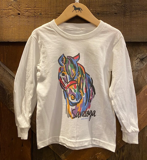 white youth tee- watercolor horse on front- saratoga- dark horse on front- horse is bright multi colors- long sleeve