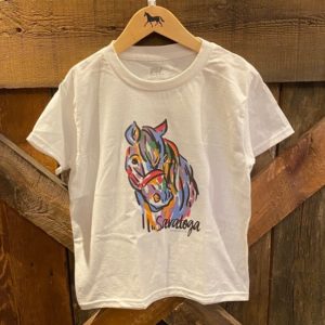 white youth tee- watercolor horse on front- saratoga- dark horse on front- horse is bright multi colors- short sleeve