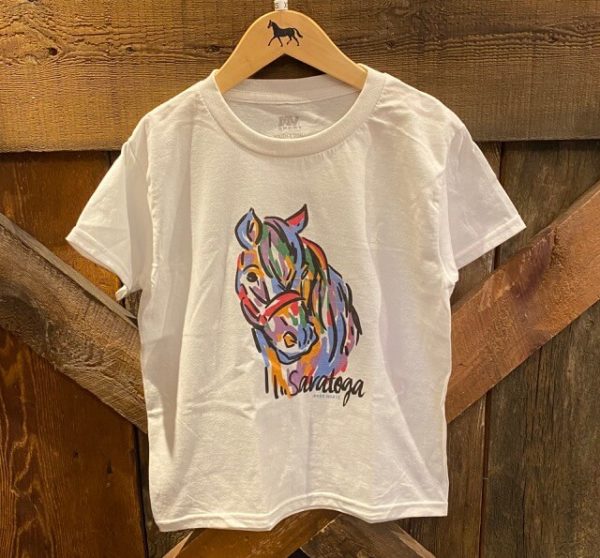 white youth tee- watercolor horse on front- saratoga- dark horse on front- horse is bright multi colors- short sleeve